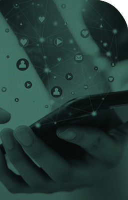 hand holding phone with concept of connected social media platforms above