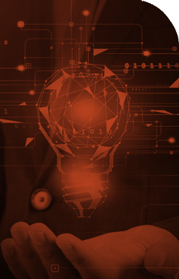 Illustrated Digital Lightbulb hovering over hand