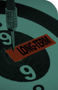 Arrow hitting target center with a note labeled 'long-term thinking