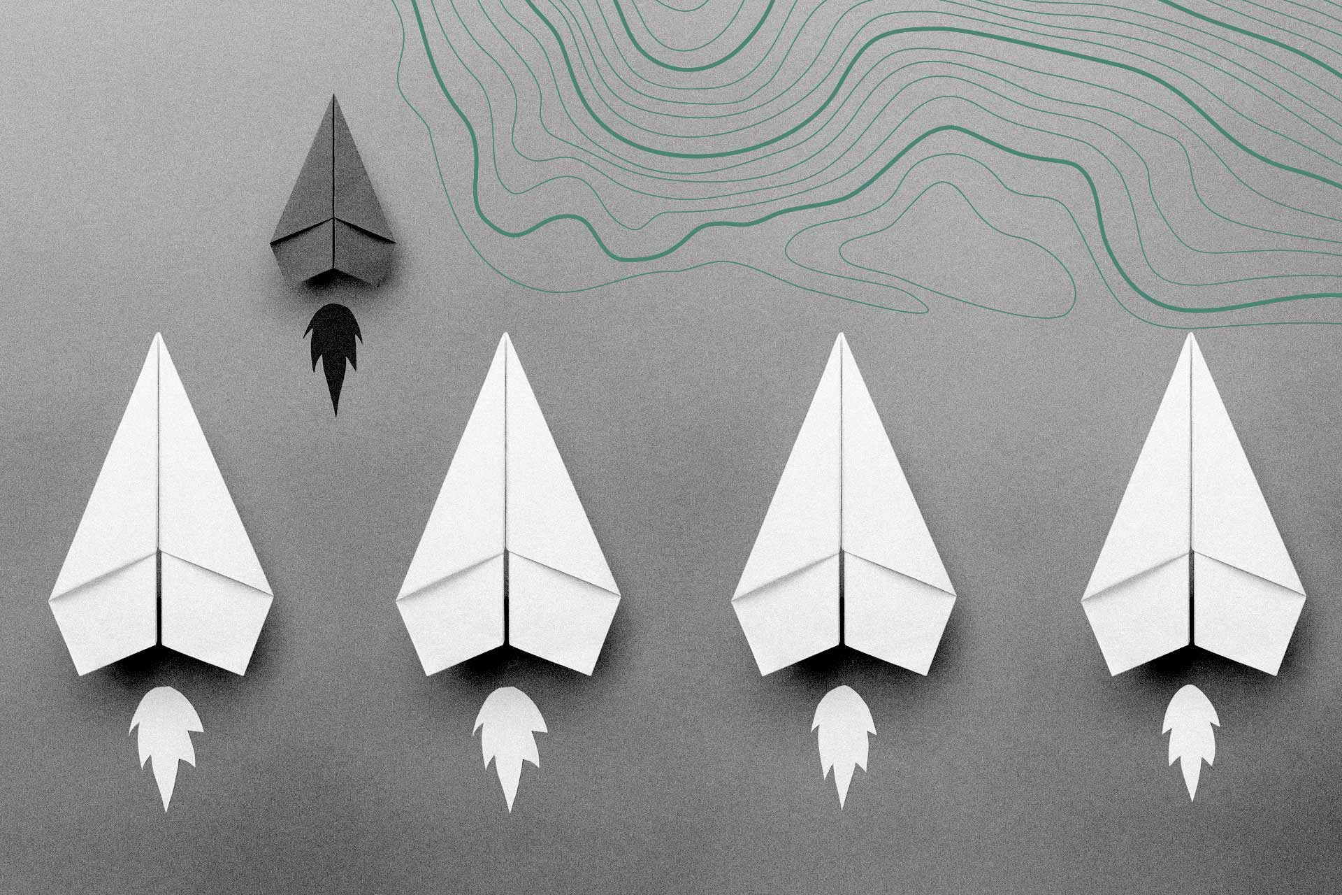 Smaller Niche Paper Airplane rising above bigger paper airplanes