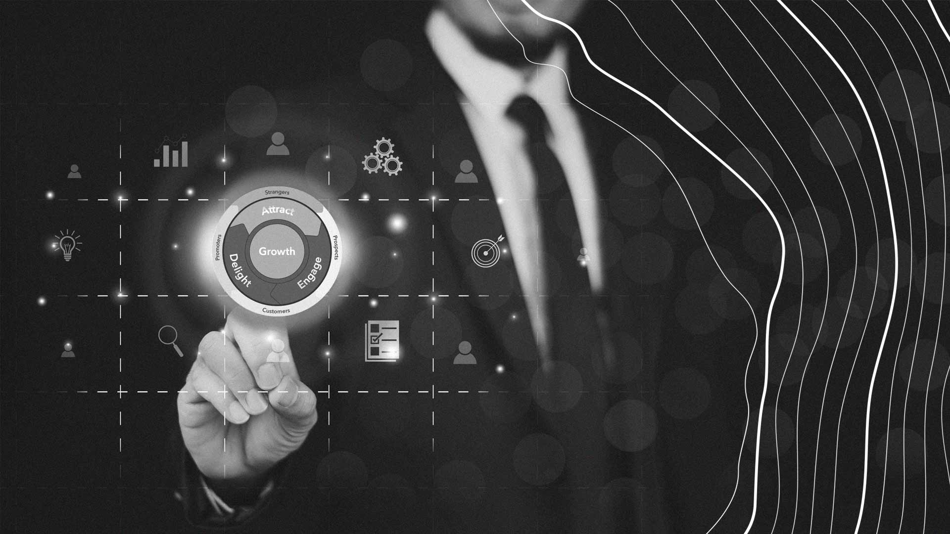 Tech marketer pointing at a customer-centric flywheel