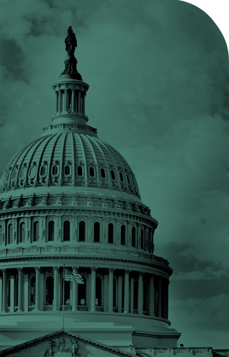 Stylized green-tinted image of the United States Capitol building with a dramatic sky in the background.