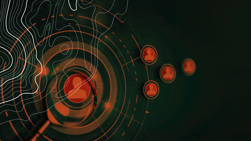 Digital concept illustration of finding your prospect, featuring a magnifying glass focusing on a user icon within a futuristic interface, symbolizing targeted lead generation and customer discovery.