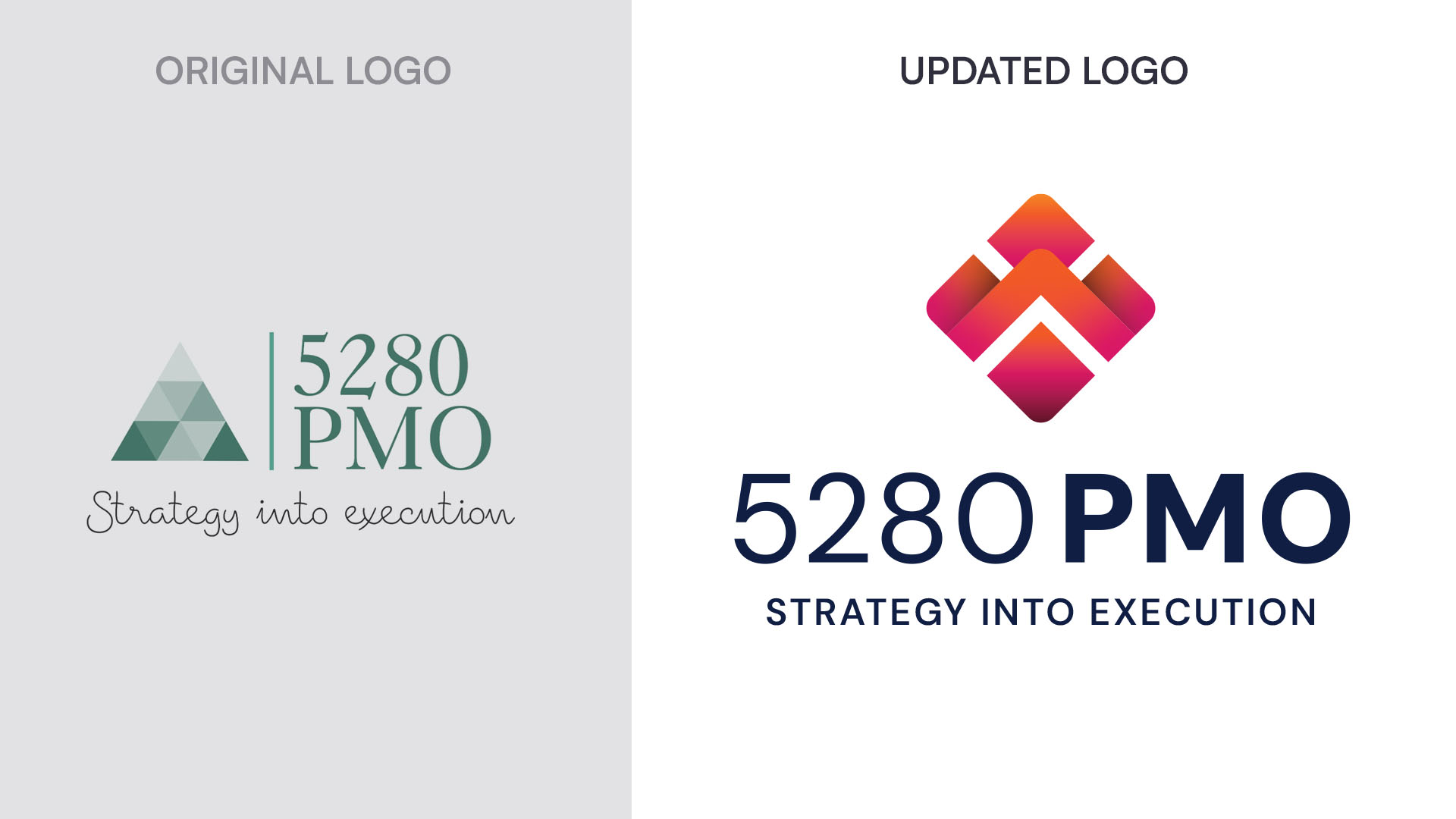 Side-by-side comparison of 5280 PMO’s original and updated logos, part of a rebrand by 4B Marketing