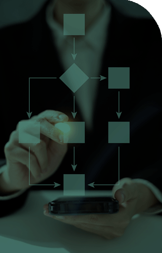 Businessperson interacting with a digital flowchart on a touchscreen device, symbolizing strategic decision-making and pricing roadmap development.